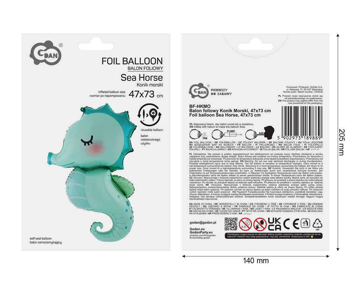 Foil balloon Sea Horse, 47x73 cm